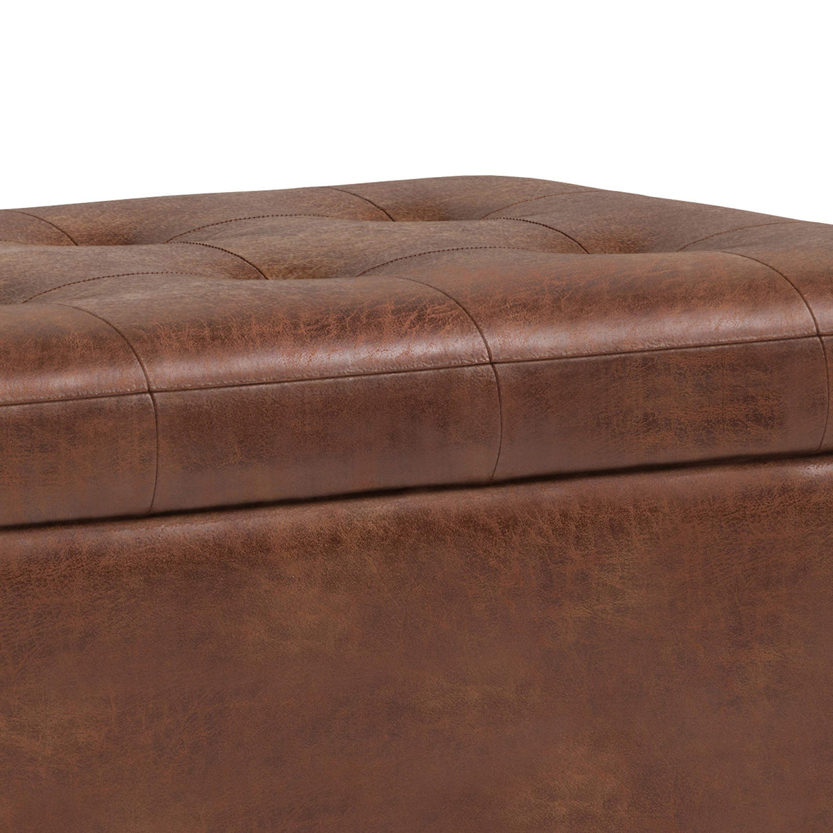 SIMPLIHOME Cosmopolitan Wide Transitional Rectangle Storage Ottoman Vegan Faux Leather, Assembled, for The Living, Entryway and Family Room, 34 inch, Distressed Saddle Brown SIMPLIHOME