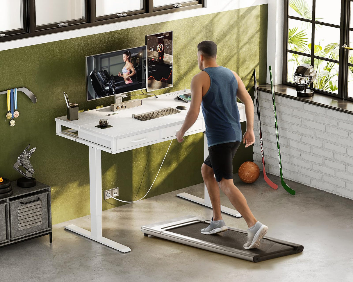 AODK Electric Standing Desk with Drawers, 47 Inch Height Adjustable Small Desk with Power Outlets, Sit Stand Table, Writing Computer Desk for Home, Office, Workstation, White AODK