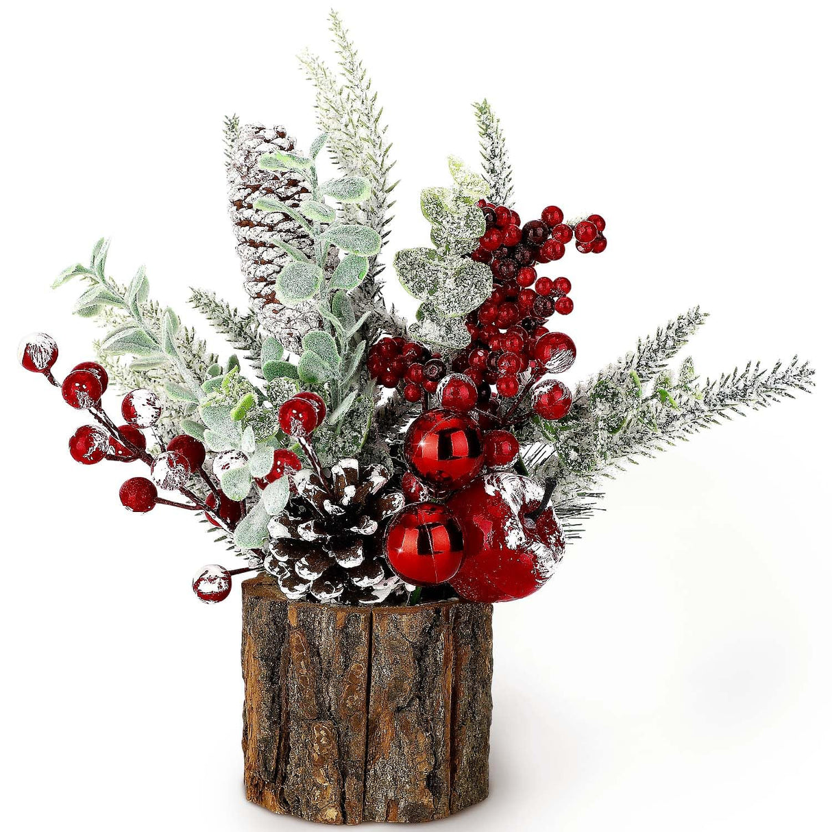 Small Christmas Tree Tabletop Artificial Mini Christmas Tree Decorations with Holiday Ornaments Red Berry Pine Cone Greenery for Home Indoor Fireplace Mantel Xmas Decor (Tree Stump-Red) KPX