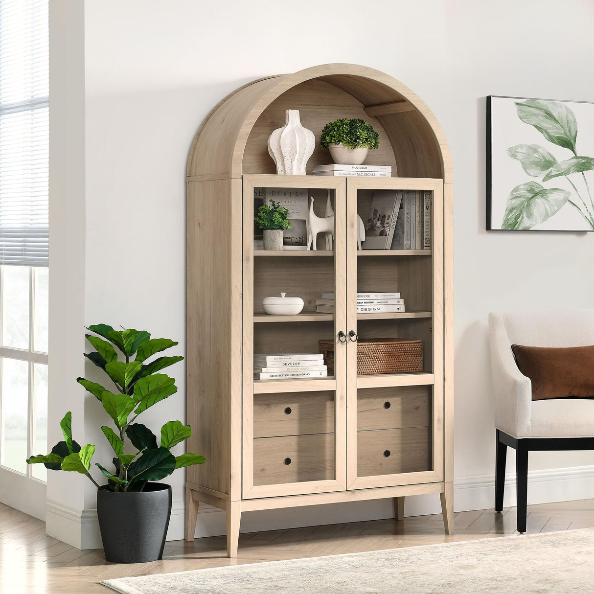 Modway Nolan Tall Arched Storage Display Cabinet in Light Oak - 74 Inch Arch Bookshelf with Glass Doors, Shelves and Drawers - Modern Accent Cabinet for Living Room, Dining Room Modway