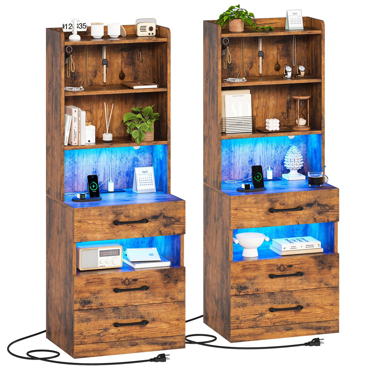 AOGLLATI Tall Night Stand Set of 2, Nightstand with Charging Station and LED Lights, Rustic Brown Bedside Table with Bookshelf, 3 Drawers and Open Shelves, Modern End Side Table for Bedroom AOGLLATI