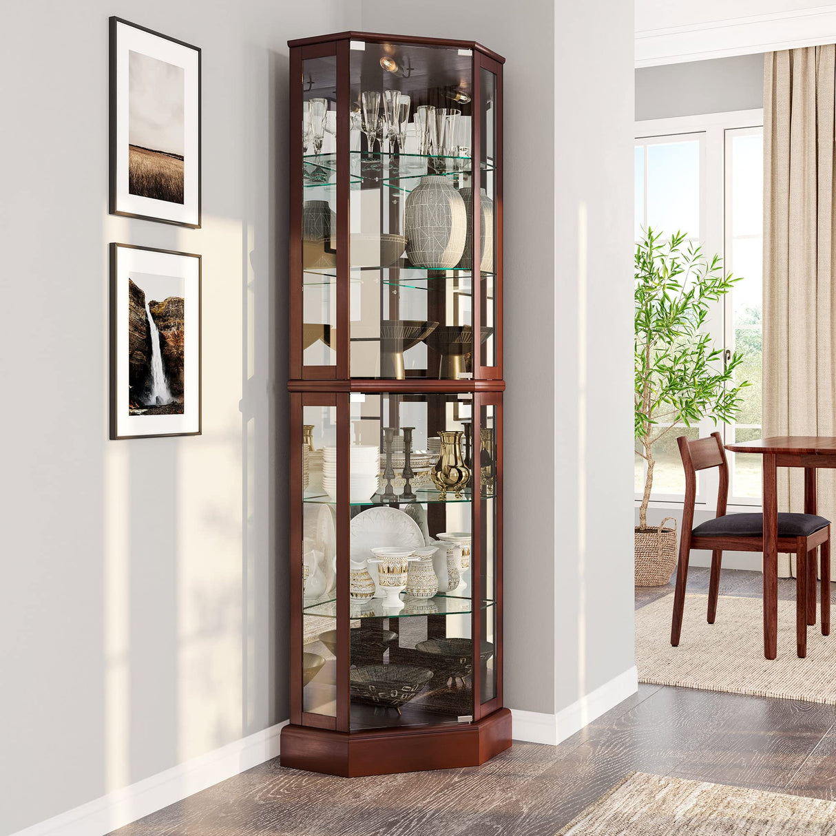 BELLEZE Lighted Corner Display Curio Cabinet Wooden Curved Shelving Unit with Tempered Glass Door, Bar and Liquor Storage Area with 6 Shelves - BELLEZE