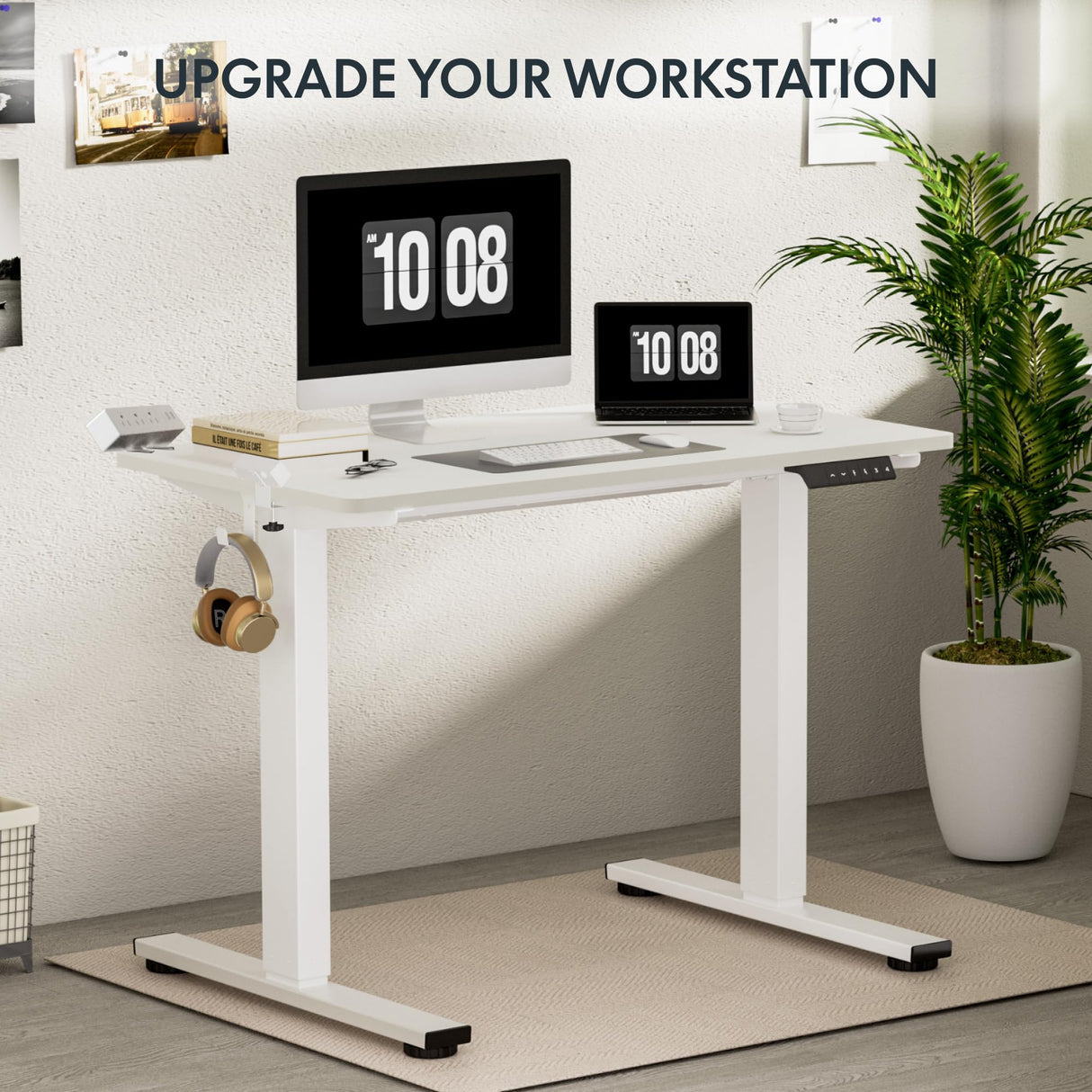 FLEXISPOT EN2 Electric Height Adjustable Standing Desk 48x24'' Whole-Piece Desktop Sit Stand Up Computer Desk Workstation with Desk Clamp Power Strip, Cable Management (White Frame + 48" White Top) FLEXISPOT