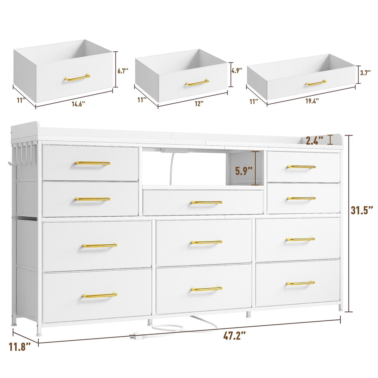 EnHomee Dresser for Bedroom with 11 Drawers for 60" TV Stand for Bedroom with LED Lights & Charging Station Long Dresser with Shelves & 4 Hooks Sturdy Metal Frame & Fabric Drawers (White) EnHomee