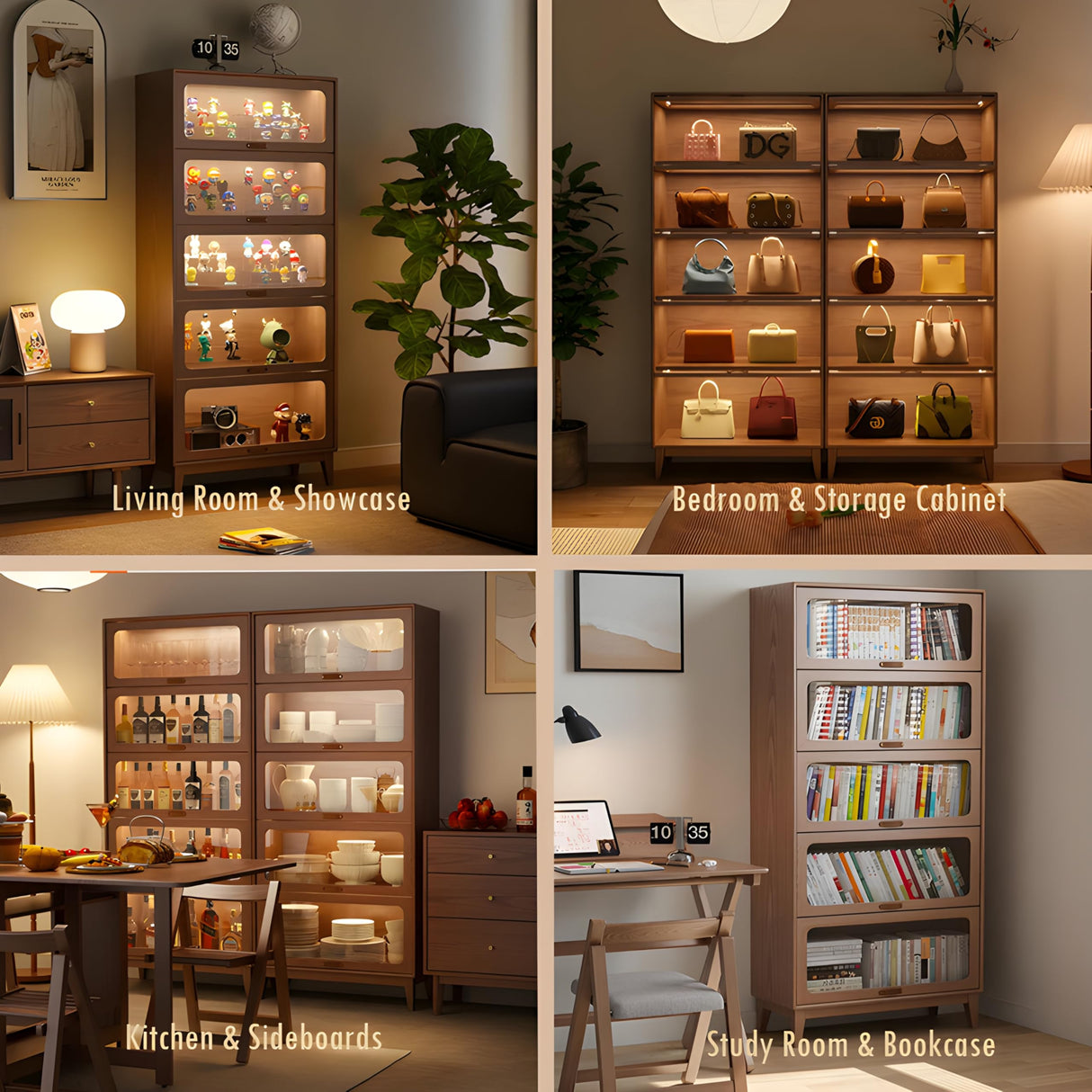 KungFuWood Wooden Bookcase with Tempered Glass Doors, Large Solid Wood Bookshelf Glass Front Bookshelves flip top Display Cabinet case Hidden Doors for Apartments, Home Offices 5 tire 72" KungFuWood