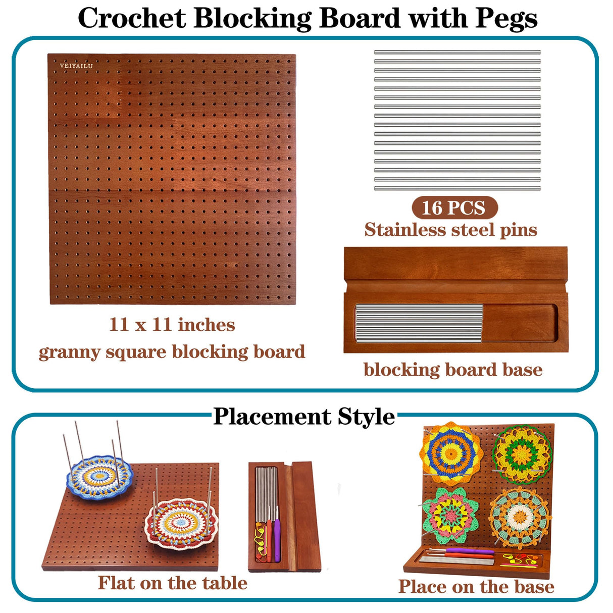 Crochet Blocking Board with 16 Pegs, 11x11 Inch: Granny Square Blocking Board - Gifts for Women, Mom, and Mother, Blocking Boards for Crochet Projects VEIYAILU