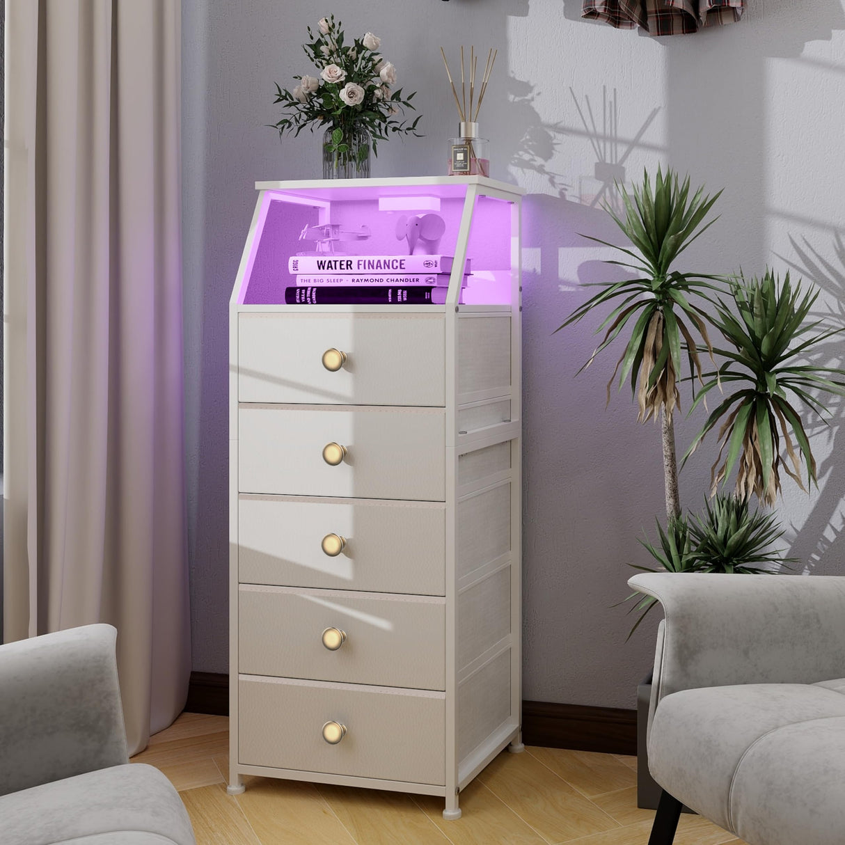 Tohomeor Dresser with Fabric Drawers Nightstand with 2 Tier Shelf Storage Tower for Bedroom Hallway Entryway Closet Organizer Sofa Beside Table Furniture (White, 5 Drawers) Tohomeor