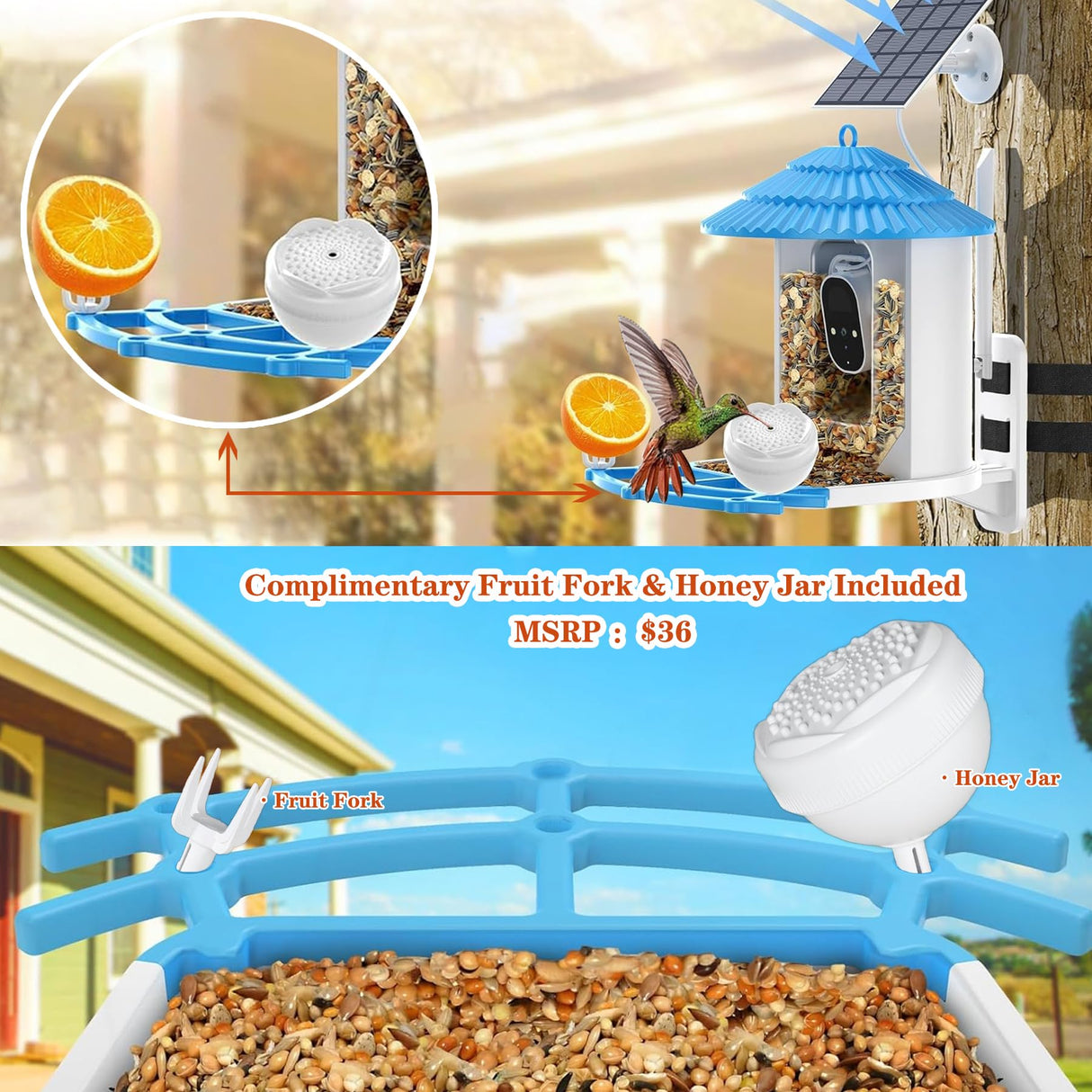 Baba&Nana Smart Bird Feeder with Camera, Solar-Powered Wireless Outdoor Hanging Birdhouse with WiFi, Auto-Capture Hummingbird Live Videos & Motion Activated AI Bird Identifier for Bird Watching (BLUE) Baba&Nana