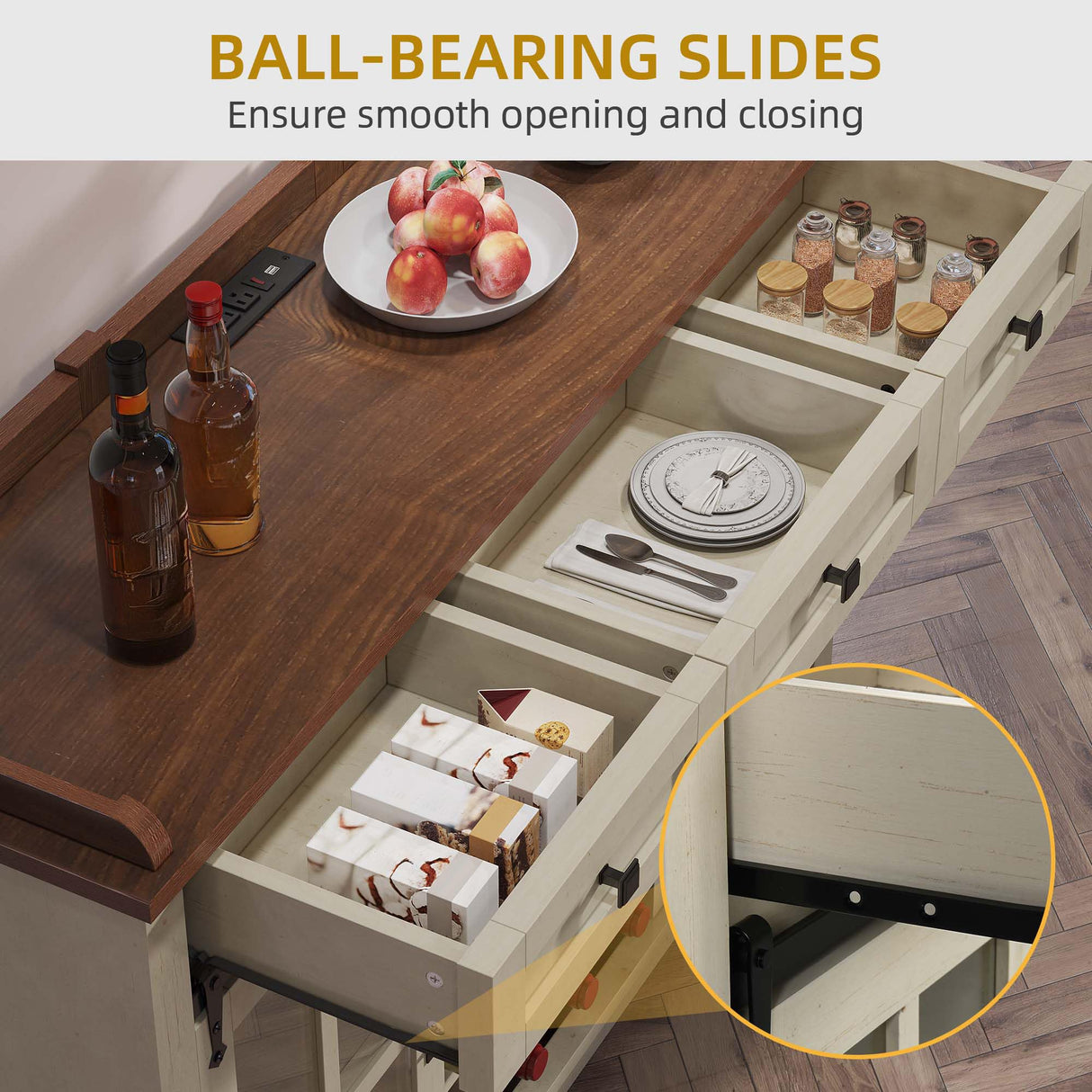 DWVO Farmhouse Wine Bar Cabinet with Power Outlet, 53" Farmhouse Home Bar Cabinet Buffet Cabinets with Wine & Glass Rack for Kitchen, Dining Room, Antique White DWVO