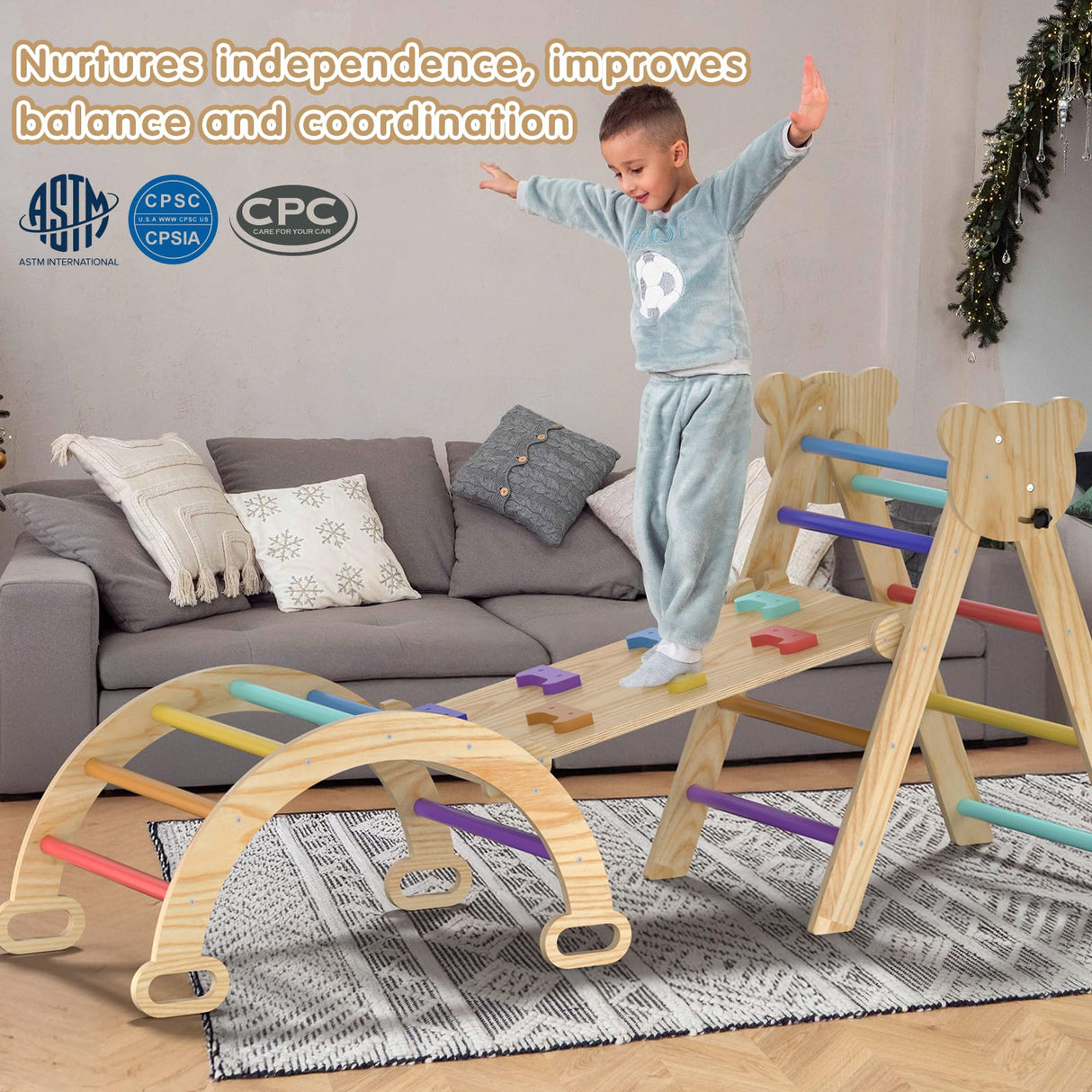 7 in 1 Montessori Pikler Triangle Set, Foldable Wooden Pickler-3 Piece Baby Climbing Gym Toddler Climbing Toys Indoor with Arch, Ramp, Ladder CMFYDAILY