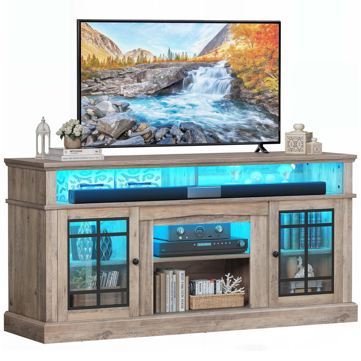 YITAHOME Modern TV Stand for 75 Inch TV, LED Entertainment Center with Adjustable Shelves and Glass Doors, 32'' Tall Television Stands TV Media Console Table for Living Room, Grey Wash YITAHOME