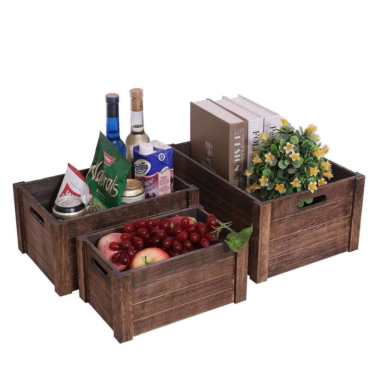 SENRYEE Farmhouse Antique Black Wooden Crate for storage,Rustic Decorative Boxes,Set Of 3 Extra Large Nesting Wooden Storage Crates For display ,Handmade Natural Solid Wood Box (Rustic Black) SENRYEE