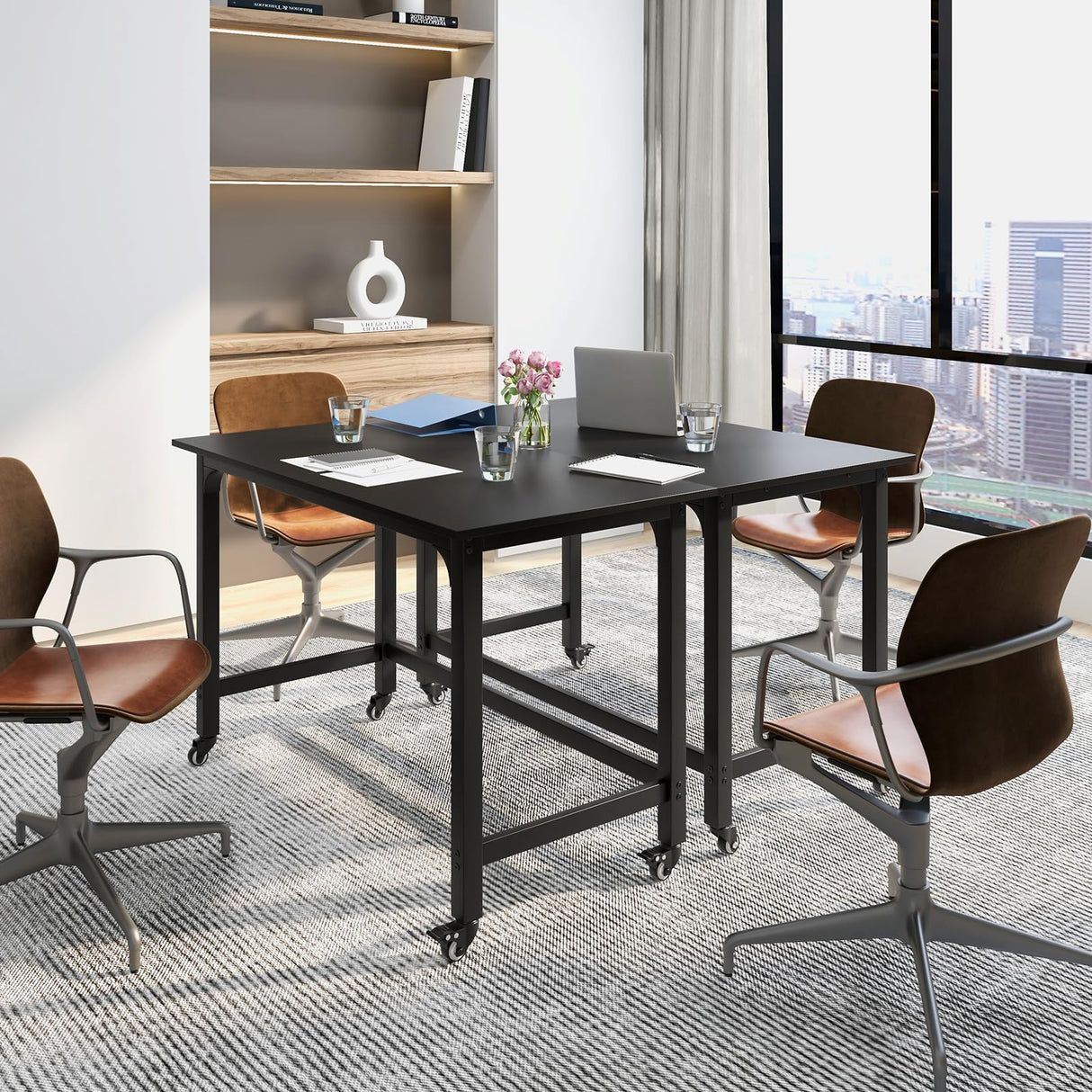 Giantex 8FT Conference Table, 4 PCS 48" Rectangular Mobile Meeting Room Desk with Removable Storage Bag & 2 Hanging Hooks, Rolling Modern Seminar Boardroom Table for Office Conference Room, Black Giantex