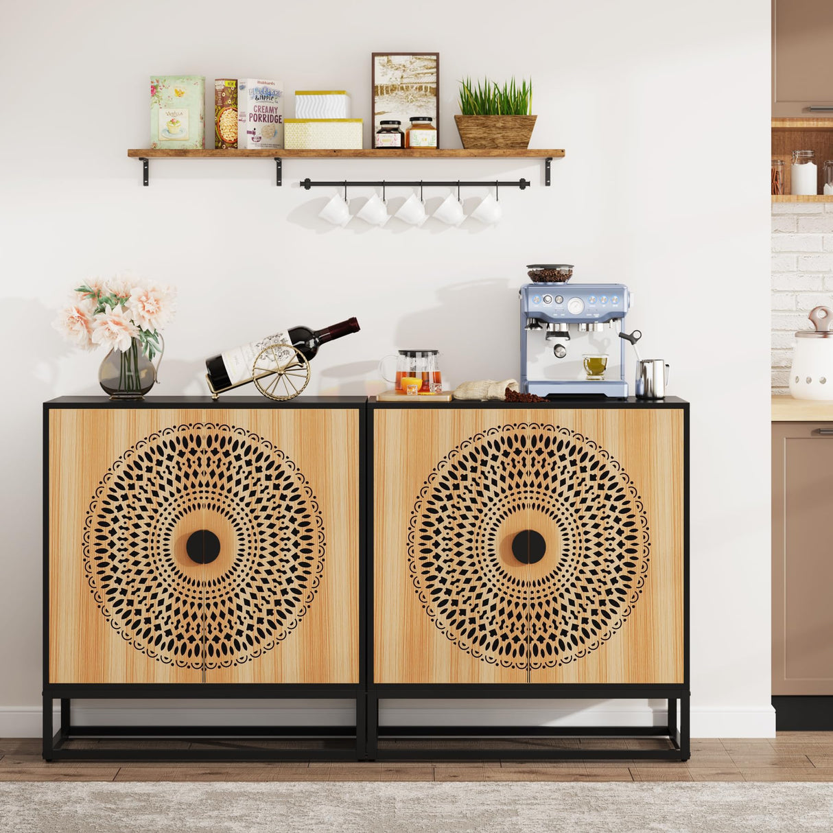 Tribesigns Sideboard Buffet Cabinet, 55 Inch Modern Kitchen Storage Cabinet with 4 Doors & Shelves, Credenzas Accent Console Cabinet for Living Room, Dining Room, Entryway, Black & Brown Tribesigns