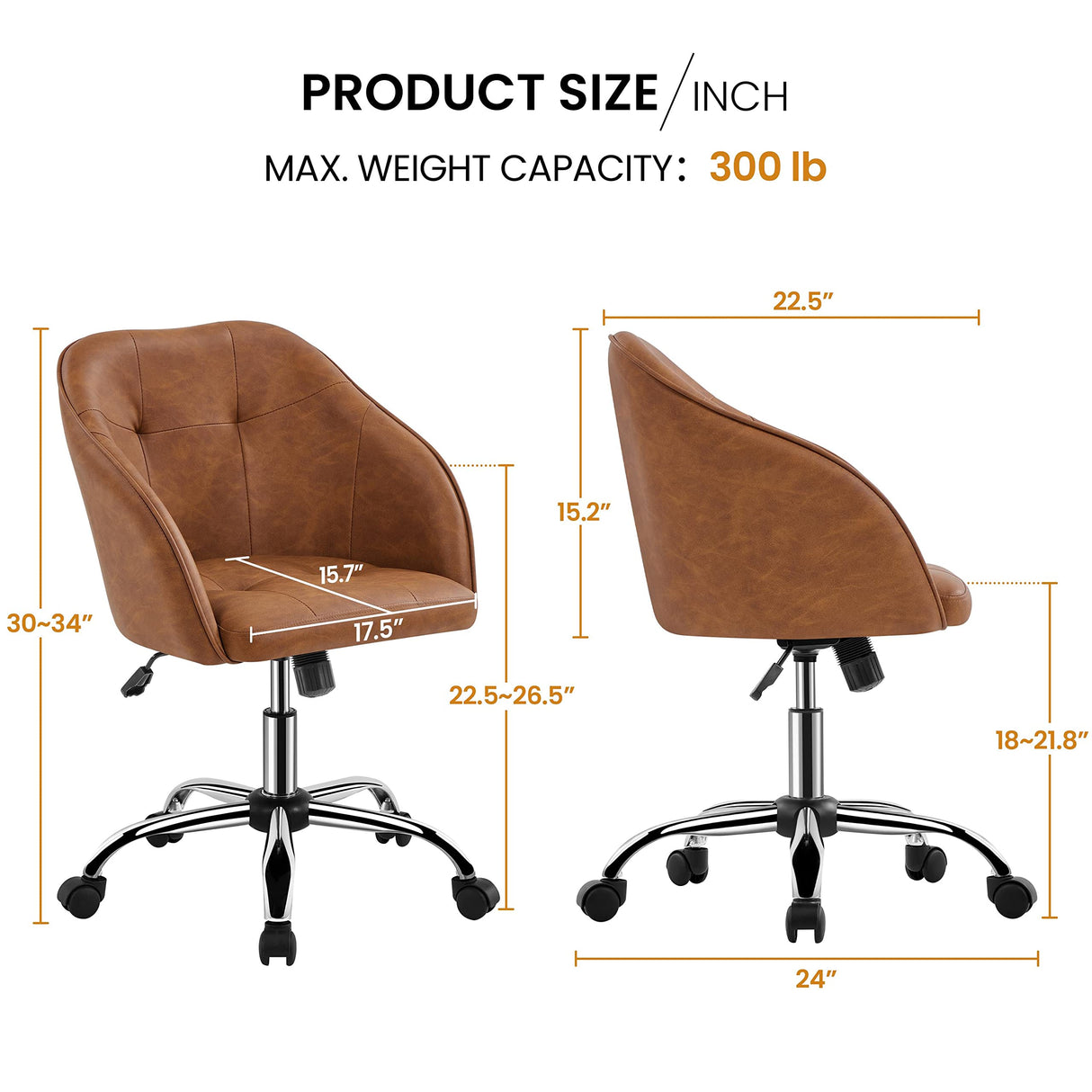 Yaheetech Faux Leather Desk Chair, Makeup Vanity Chair with Adjustable Tilt Angle, Swivel Office Chair Upholstered Armchair Study Chair for Bedroom and Makeup Room Retro Brown Yaheetech