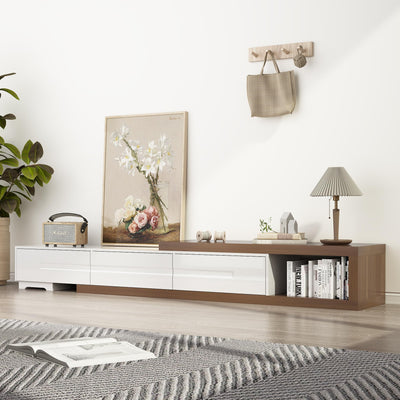 Hlivelood Extendable TV Stand, Modern Entertainment Center for Up to 120 Inch TV, Wood Reversible TV Media Console with 3 Drawers for Living Room Bedroom, 82-110"