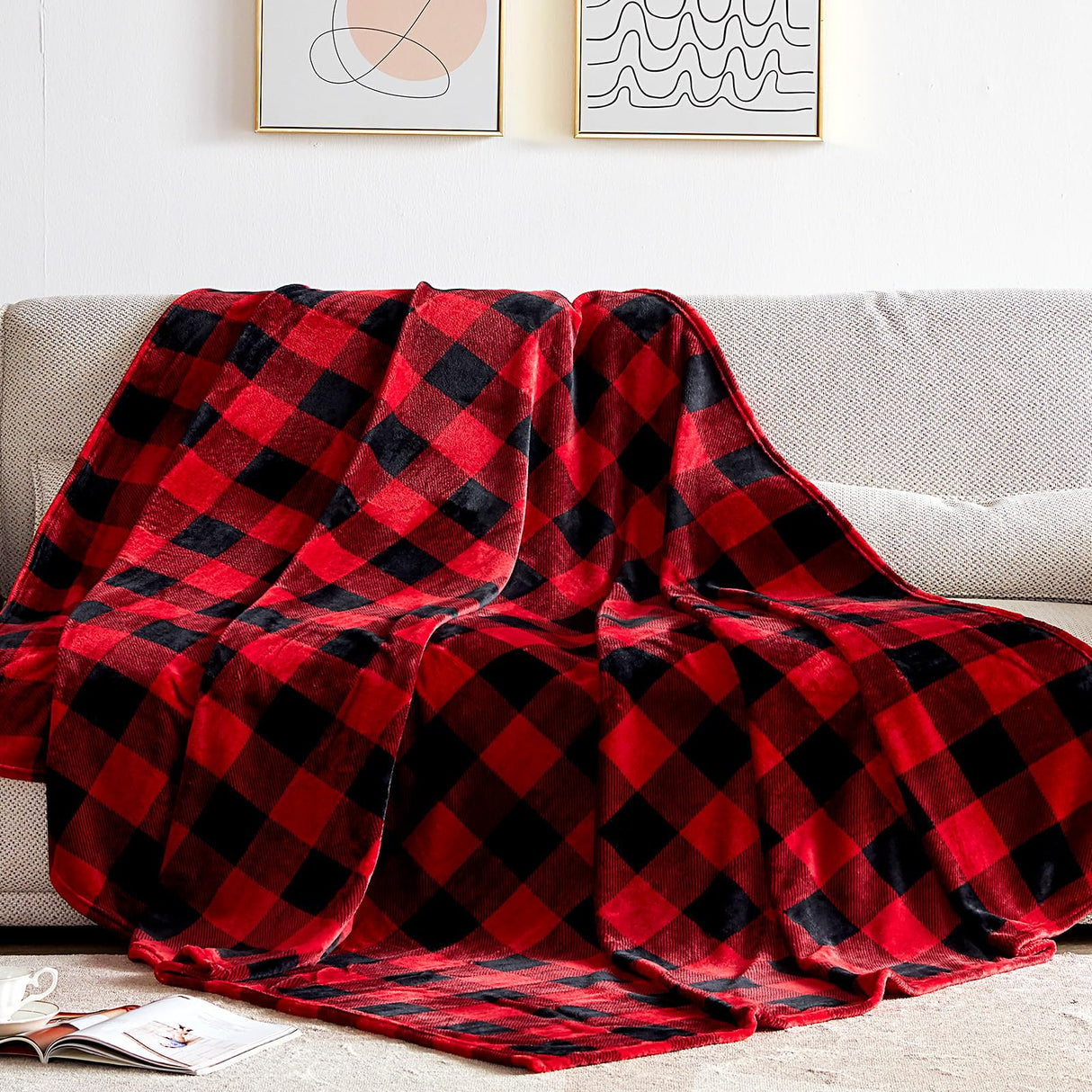 Touchat Fleece Throw Blankets, Buffalo Plaid Throw Blanket for Couch Sofa Bed, Soft Warm Fuzzy Cozy Plush Checkered Blanket, Lightweight Farmhouse Decor(Red and Black Plaid, 50“ x60”) Touchat