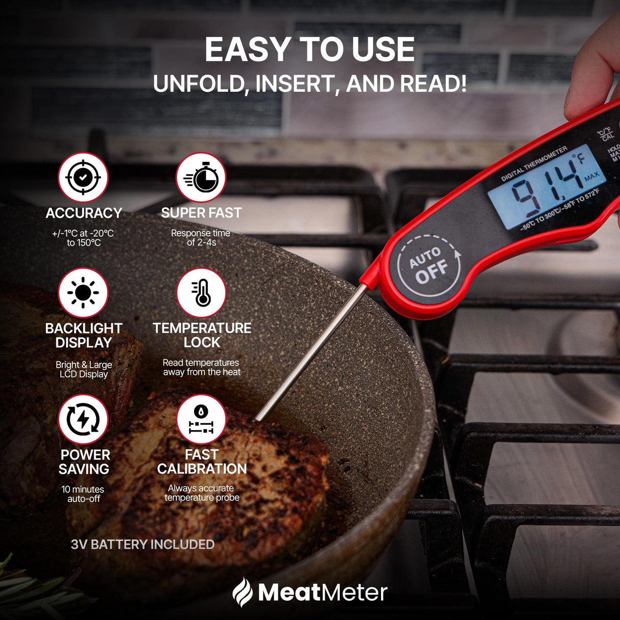 MeatMeter Digital Meat Thermometer for Grill/Cooking Fast Instant Read Waterproof Magnetic Probe Thermometer w/Backlight and Display for Kitchen, BBQ, Frying, etc. Chicken, Steak,or Burgers, Red MeatMeter