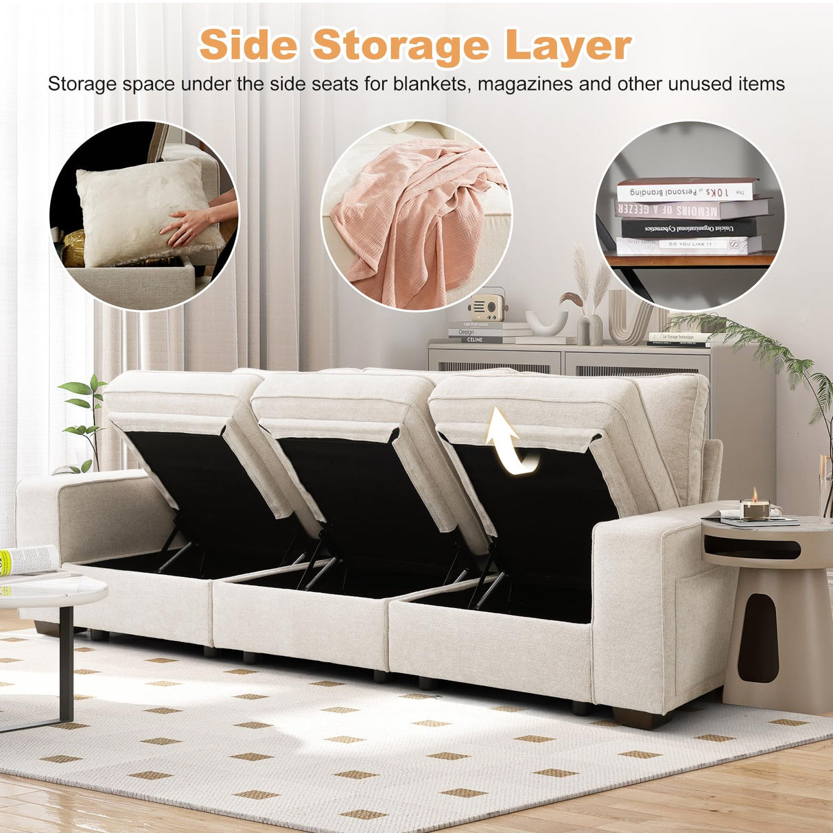 COOSLEEP 3 Seater Sofa Couch with Storage Layer, Removable and Washable Cushion Cover, Modern Sofa-100 Sofa with Solid Frame up to 1200Lbs, Couches for Living Room, Beige Chenille COOSLEEP HOME