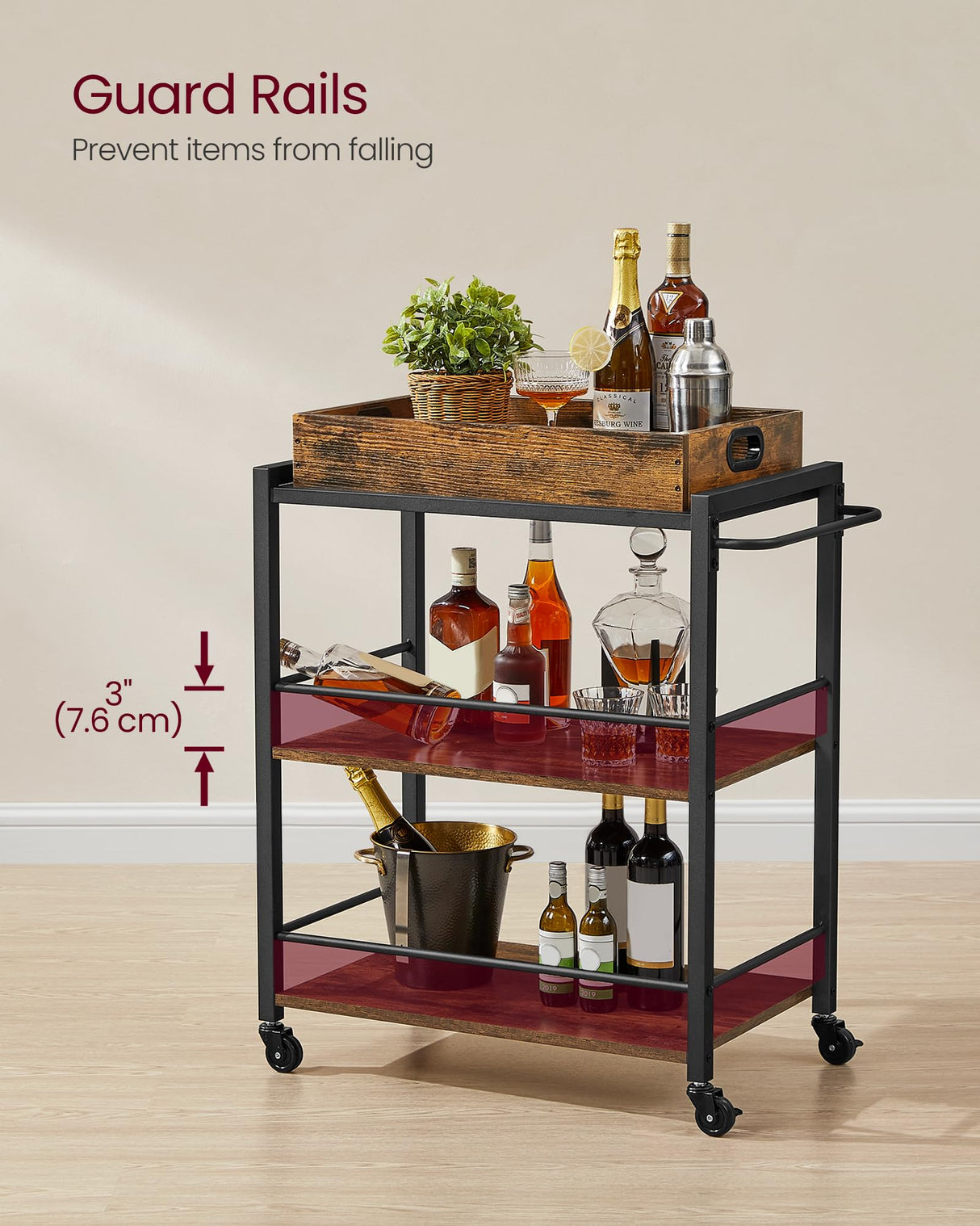 VASAGLE Kitchen Serving Cart with Removable Tray, 3-Tier Kitchen Utility Cart on Wheels with Storage, with Brakes, Leveling Feet, 15.7 x 28.3 x 33.9 Inches, Rustic Brown and Black ULRC72X VASAGLE