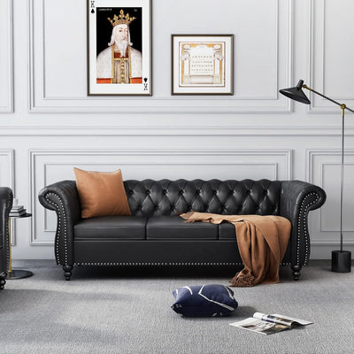 RUSTYER Chesterfield 3 Seater Sofa, Modern Leather Tufted Couch 3 Seater with Rolled Arms and Nailhead Mid-Century Upholstered Couch for Living Room, Bedroom, Apartment and Office, Black