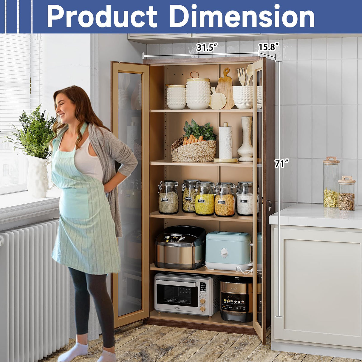 Anxxsu Display Cabinet with Glass Doors, Display Case Cabinet for Collectibles, Curio Display Cabinet with 4 Adjustable Shelves, 71" Glass Display Cabinet for Home Living Room (Wood Color) Anxxsu