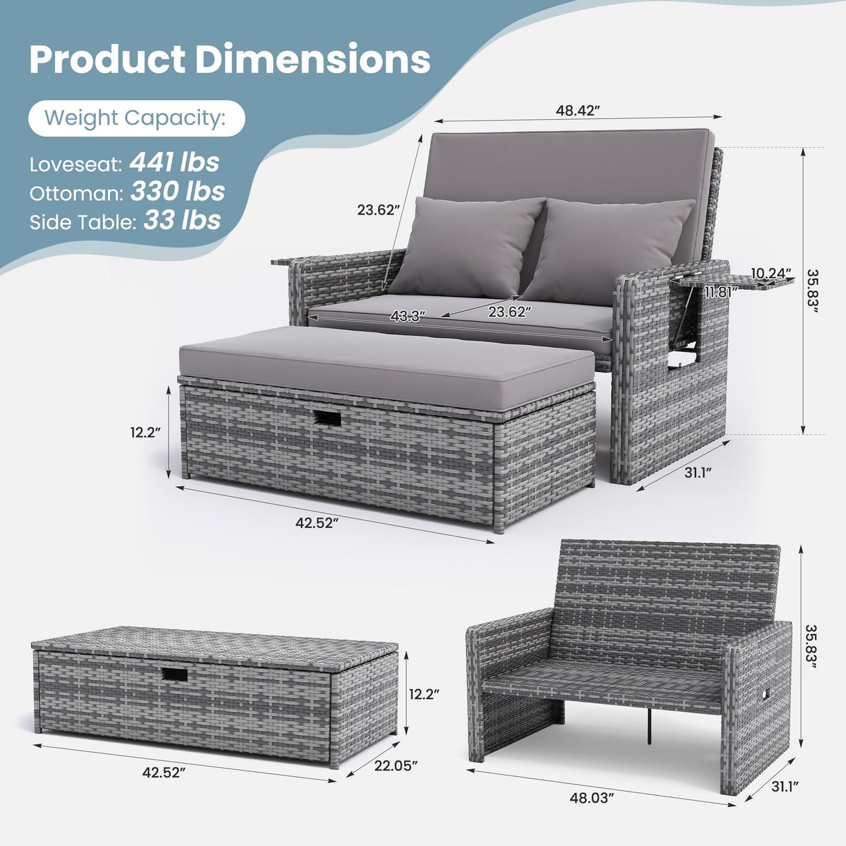 Amopatio Wicker Outdoor Daybed - Outdoor Loveseat with Storage Ottoman,4-Level Adjustable Backrest & Cushions, Patio Loveseat for Yard, Balcony, Porch, Garden, Poolside(Grey) Amopatio