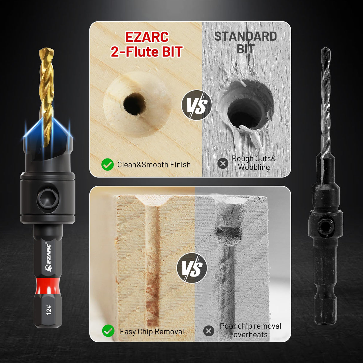 EZARC Countersink Drill Bit Set, 12 PCS Counter Sink Drill Bit Adjustable, #4, #6, #8, #10, #12, Magnetic Extension bit Holder for Woodworking with Storage Box EZARC