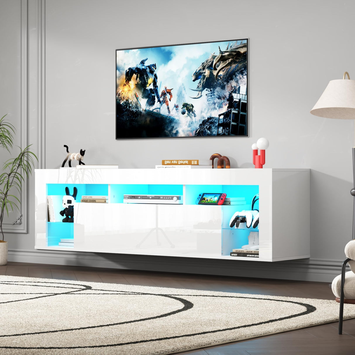 chartustriable 63" Floating High Gloss LED TV Stand for 75" TVs, Wall-Mounted Entertainment Center, Modern Media Console with Open Adjustable Glass Shelf and Hidden Storage Cabinet, White chartustriable