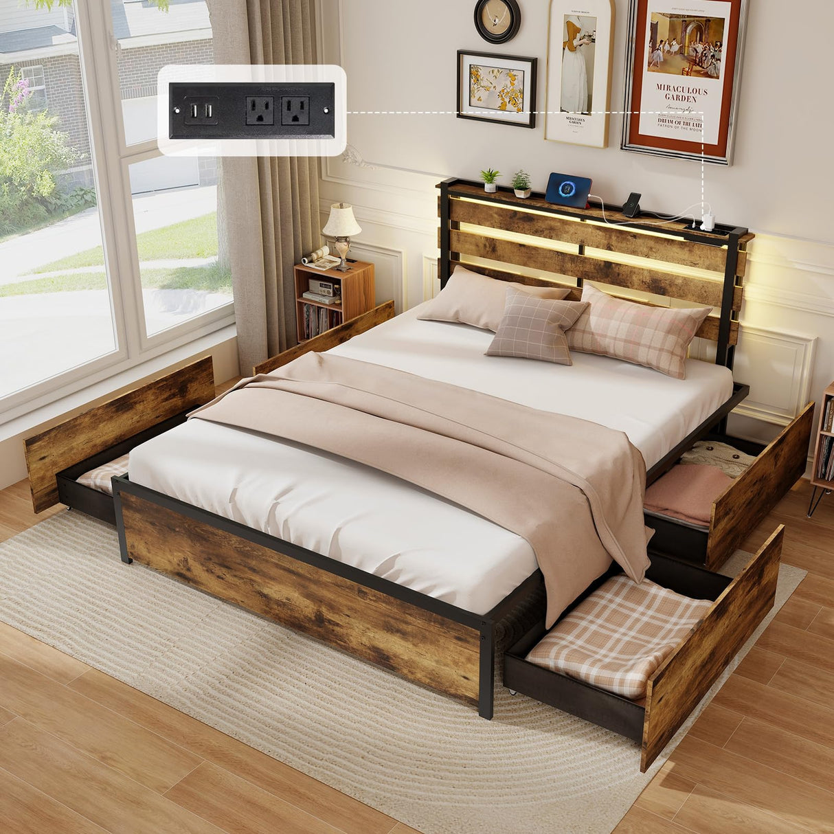 Giantex Queen Bed Frame with LED Headboard, USB Ports, and Storage Drawers Giantex