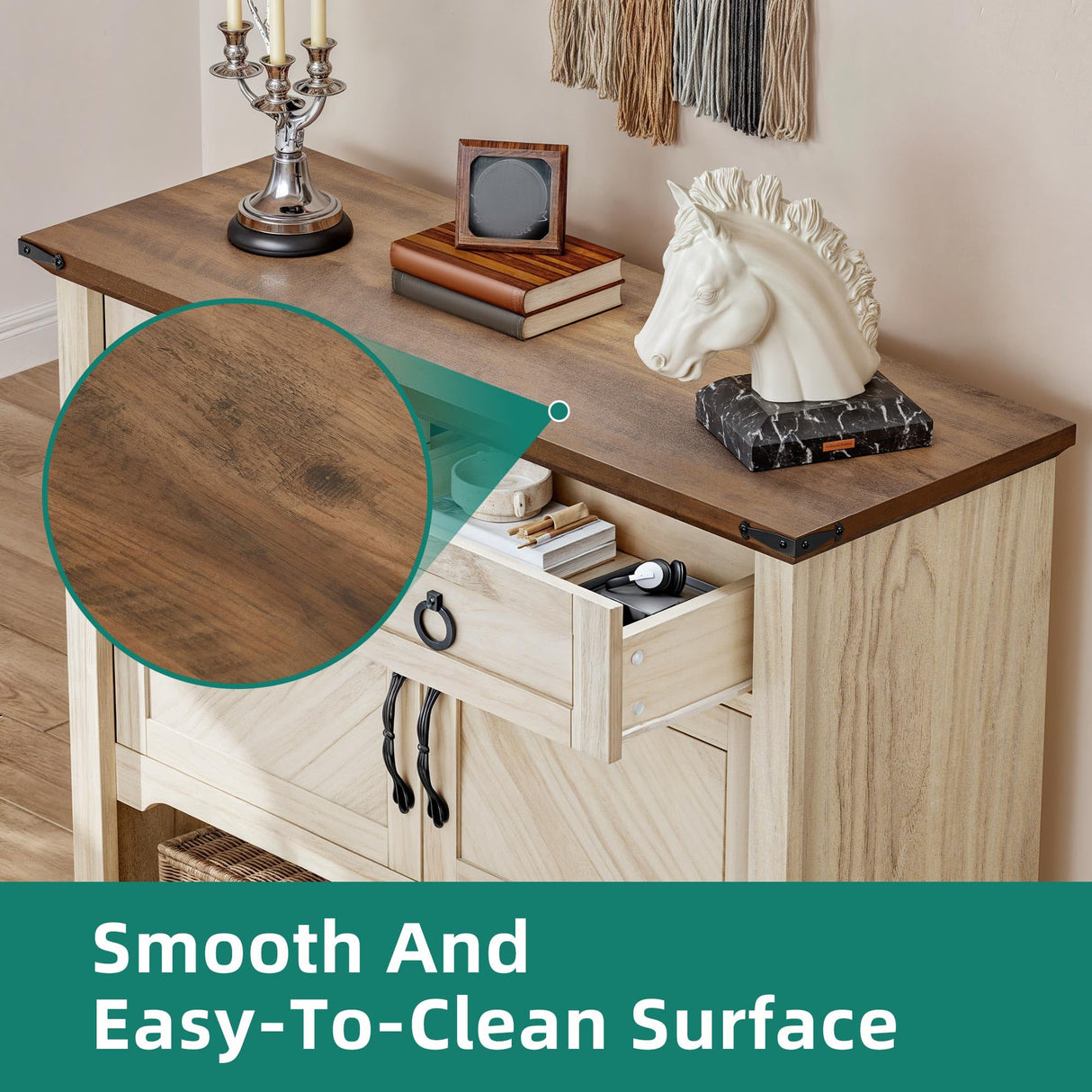 YITAHOME Farmhouse Console Table with 2-Door & 2 Drawers Cabinet, Coffee Bar, Table with Storage Shelf, Sofa Tables Buffet Sideboard for Kitchen, Entryway, Hallway, Dining, Living Room YITAHOME