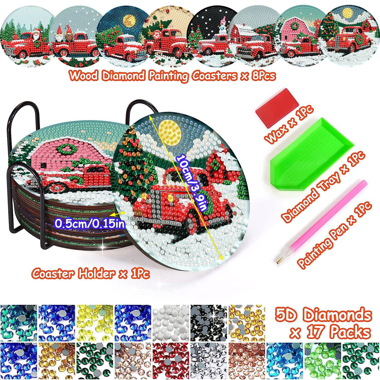 8 PCS Christmas Red Truck Diamond Art Coaster Kits with Holder - Diamond Painting for Adults Beginners - 5D Gem Art Dots Paintings with Cork Pads - Crafts Supplies Clendo