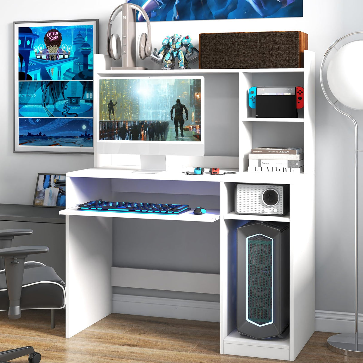 IFANNY White Modern Computer Desk with Hutch, Built-in Charging Station & Ample Storage IFANNY