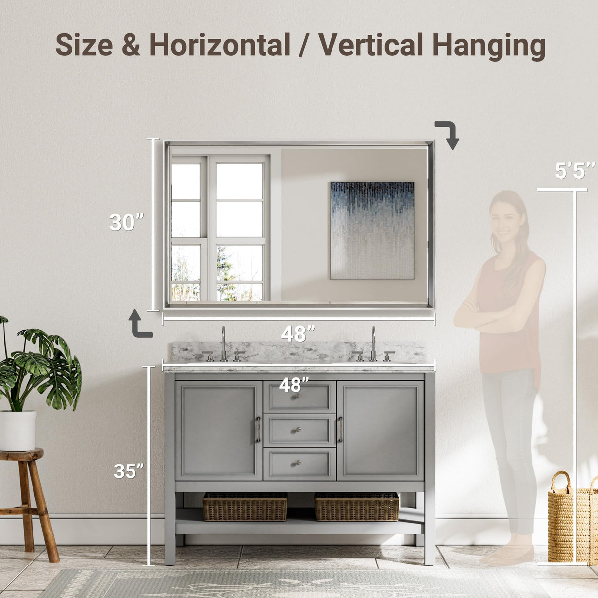 QueenFun 48 x 30 Silver Bathroom Mirror, Large Beveled Silver Bathroom Vanity Mirror, Shatterproof Silver Rectangle Mirror, Silver Metal Framed Mirror for Bathroom Wall, Anti-Rust(Vertical/Horizontal) QueenFun