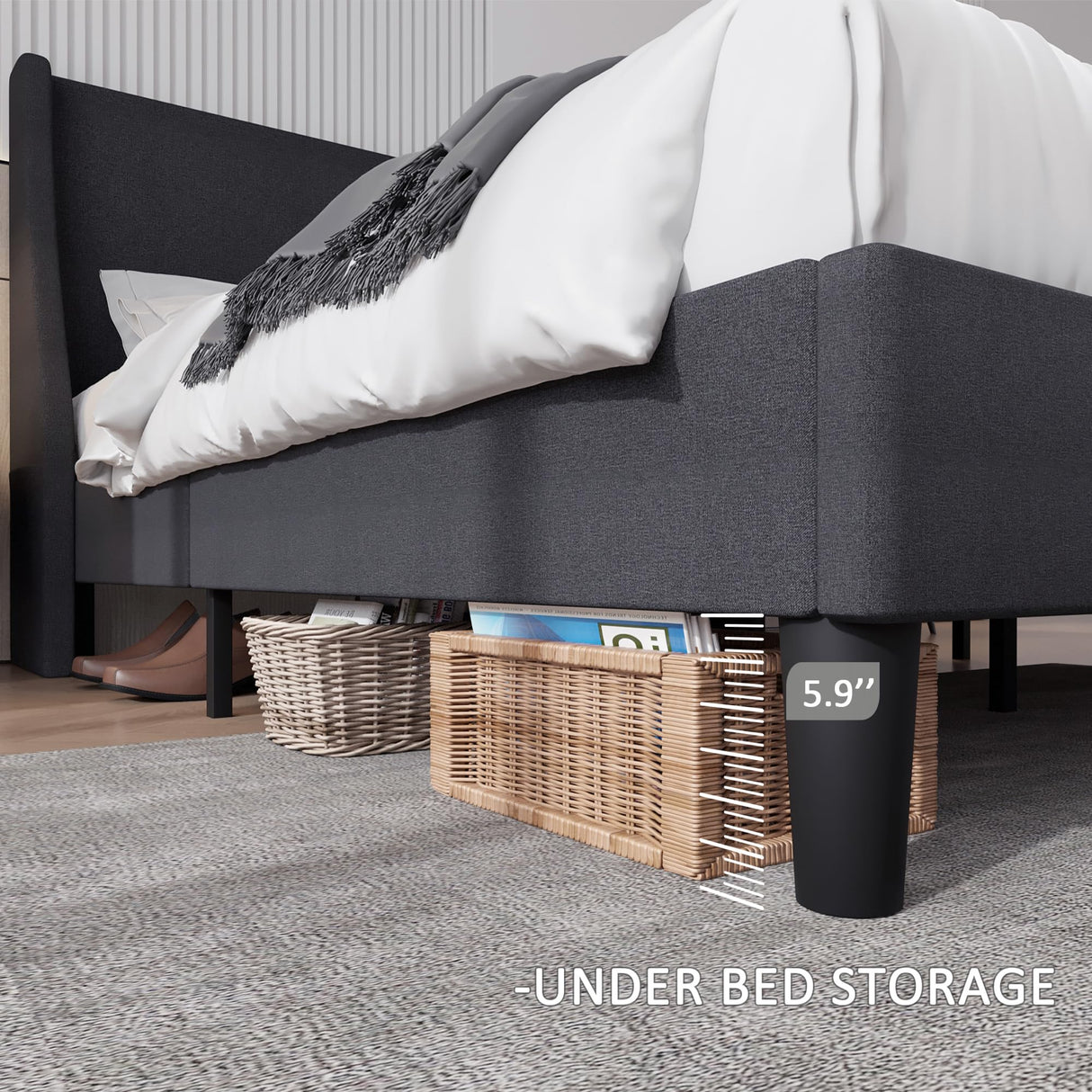 VECELO Queen Bed Frame with Type-C & USB Port, Wingback Headboard, Upholstered Platform Bedframe with Charging Station & Side Pockets, No Box Spring Needed, Grey VECELO