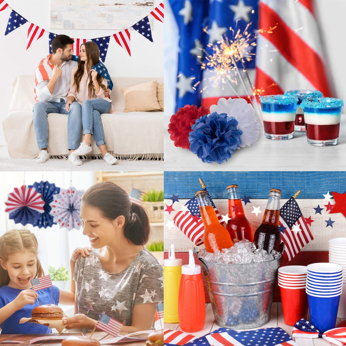 Whaline 4th of July Party Decorations Set, Patriotic USA Flag Pennant Bunting, Red White Blue Paper Fans, Star Garland Hanging Streamers, Tissue Pom Pom Flowers for Independence Day Decor, 14Pcs Whaline