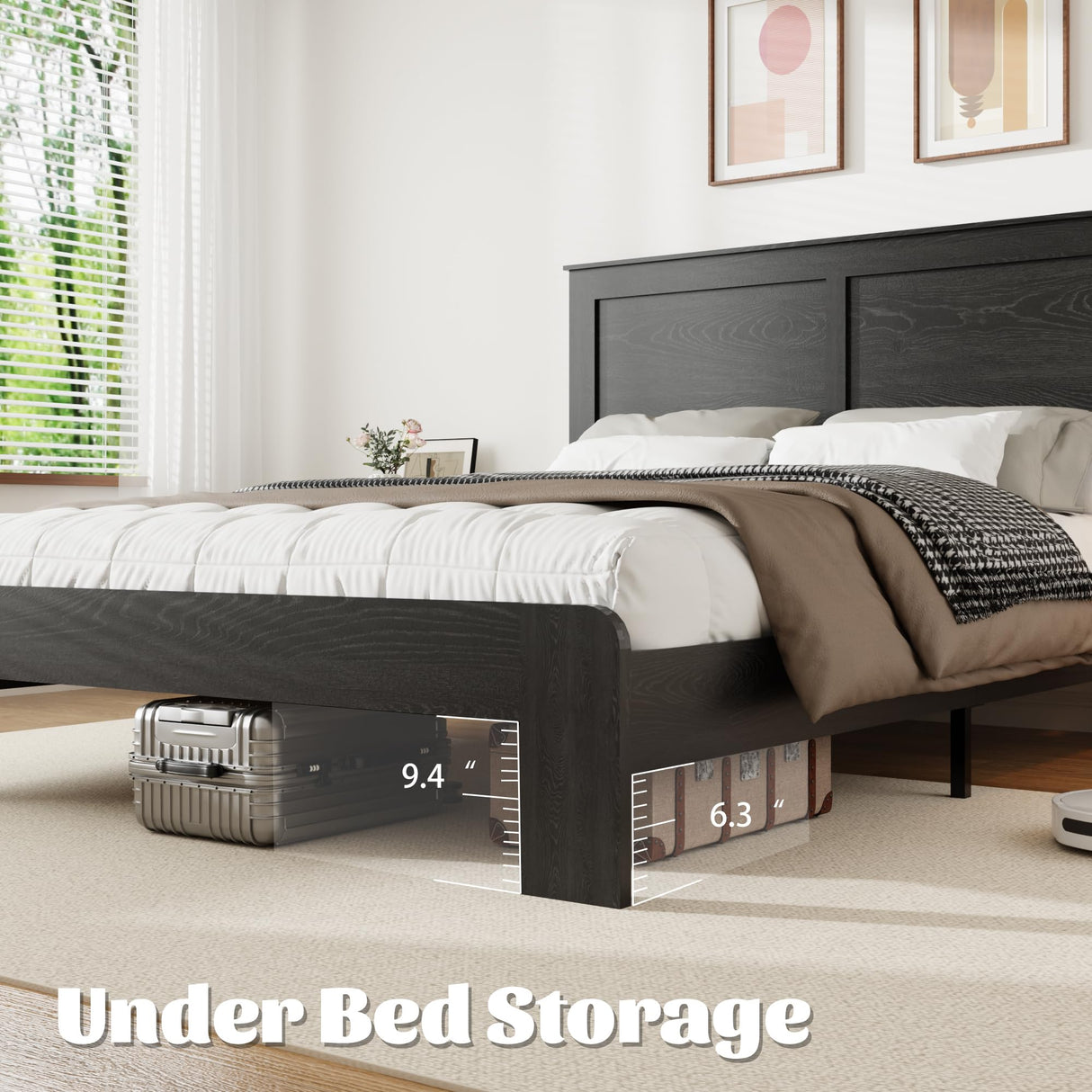 USHOW Wooden Bed Frame King Size with Headboard, Rustic Farmhouse Bedframe with Wood Slat Support, No Noise, No Box Spring Needed, Easy Assembly, Black USHOW