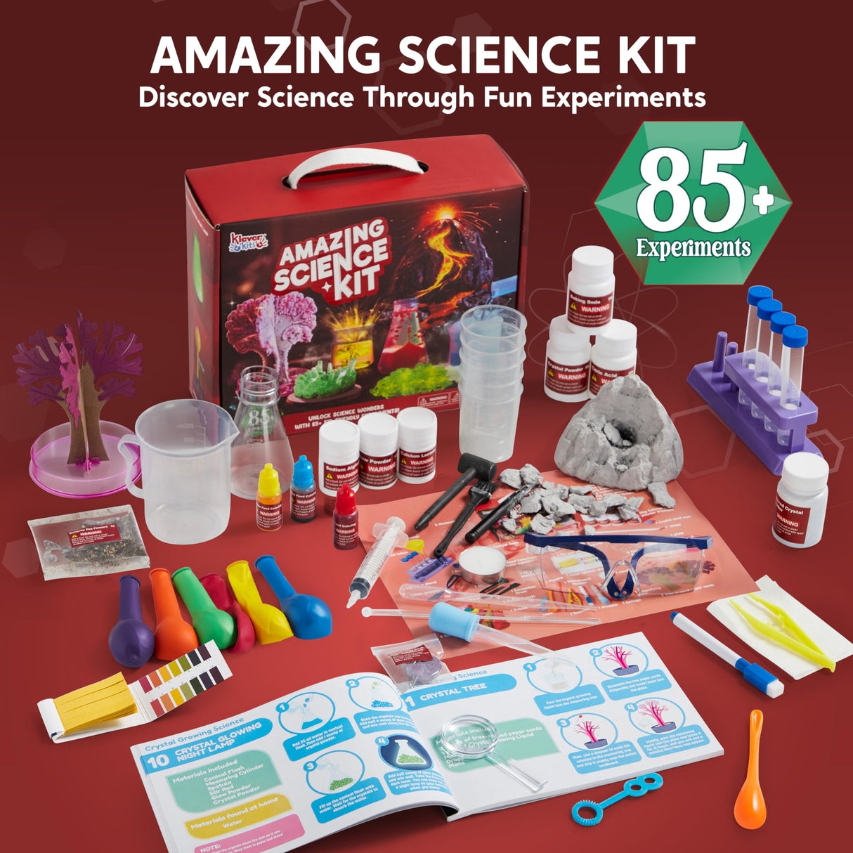 Klever Kits Amazing Science Kits- 85+ Experiments Educational Toys, STEM Activities with Erupting Volcano and Growing Crystal Tree for Kids Aged 6 7 8+ Klever Kits