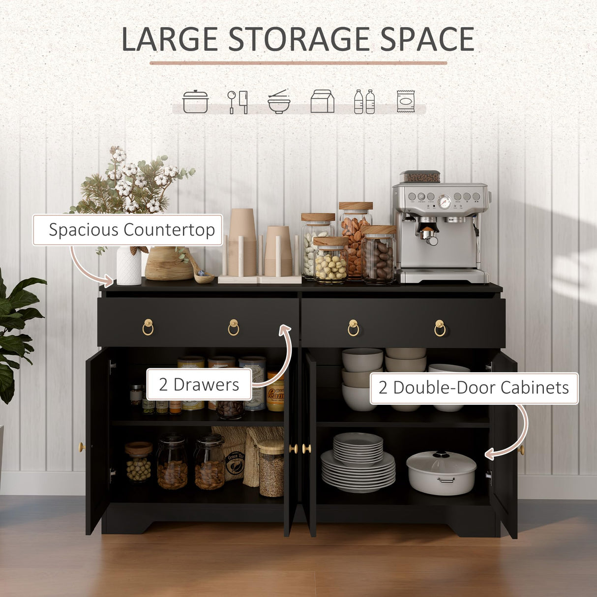 HOMCOM Sideboard Buffet Cabinet with Storage, 48" Kitchen Storage Cabinet with 2 Drawers and 4 Barn Doors, Farmhouse Coffee Bar Cabinet with Adjustable Shelves, Black HOMCOM