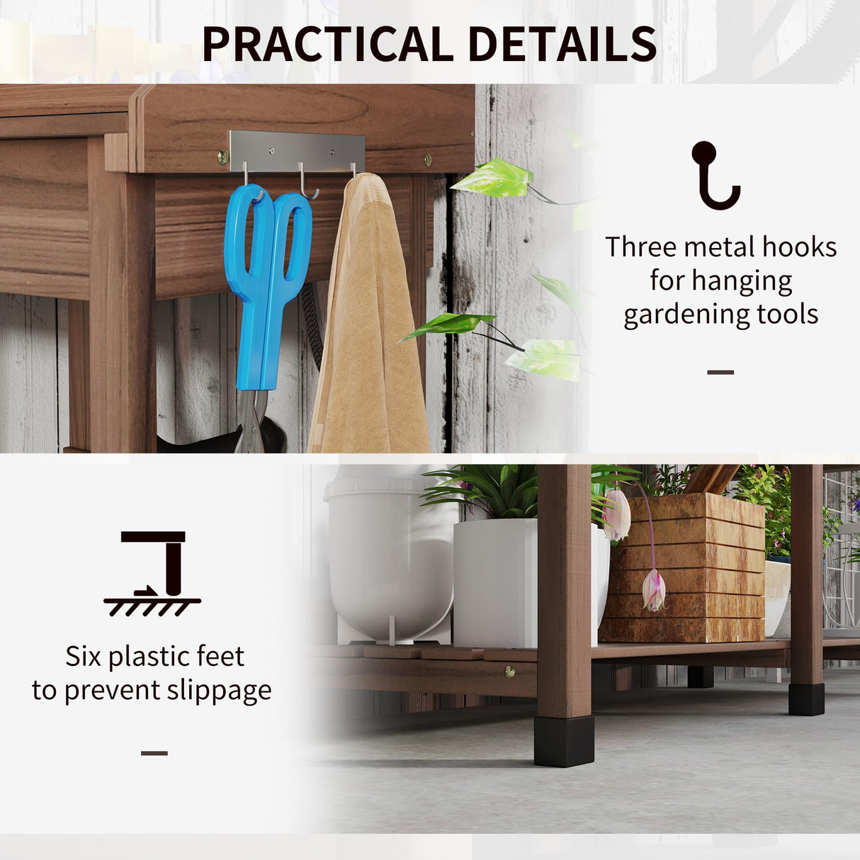 Outsunny Potting Bench Table, Outdoor Garden Table Wooden Work Station with Removable Sink, Faucet, Drawer, Shelves, Hooks, Dark Brown Outsunny