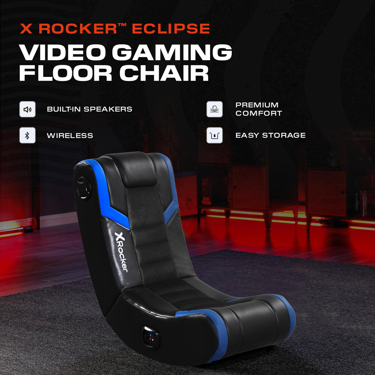 X Rocker Eclipse Video Gaming Floor Chair with Built-In Headrest Speakers, Wireless Bluetooth, Foldable, Vegan Leather, 275 lbs Max, Amazon Exclusive, Black and Blue X Rocker