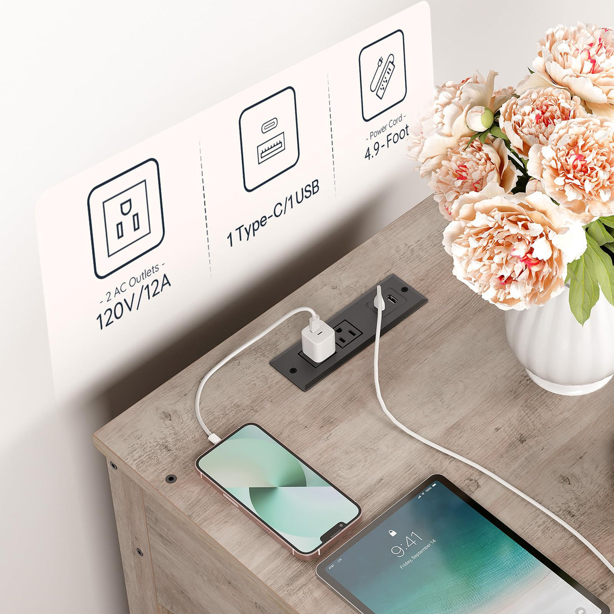 HOOBRO Dog Crate Furniture, Dog Kennel with Drawer and Charging Station, Indoor Decorative Puppy House, Wooden Pet Crate End Table for Small Dogs, Greige and Black BG58UGW03G1 HOOBRO