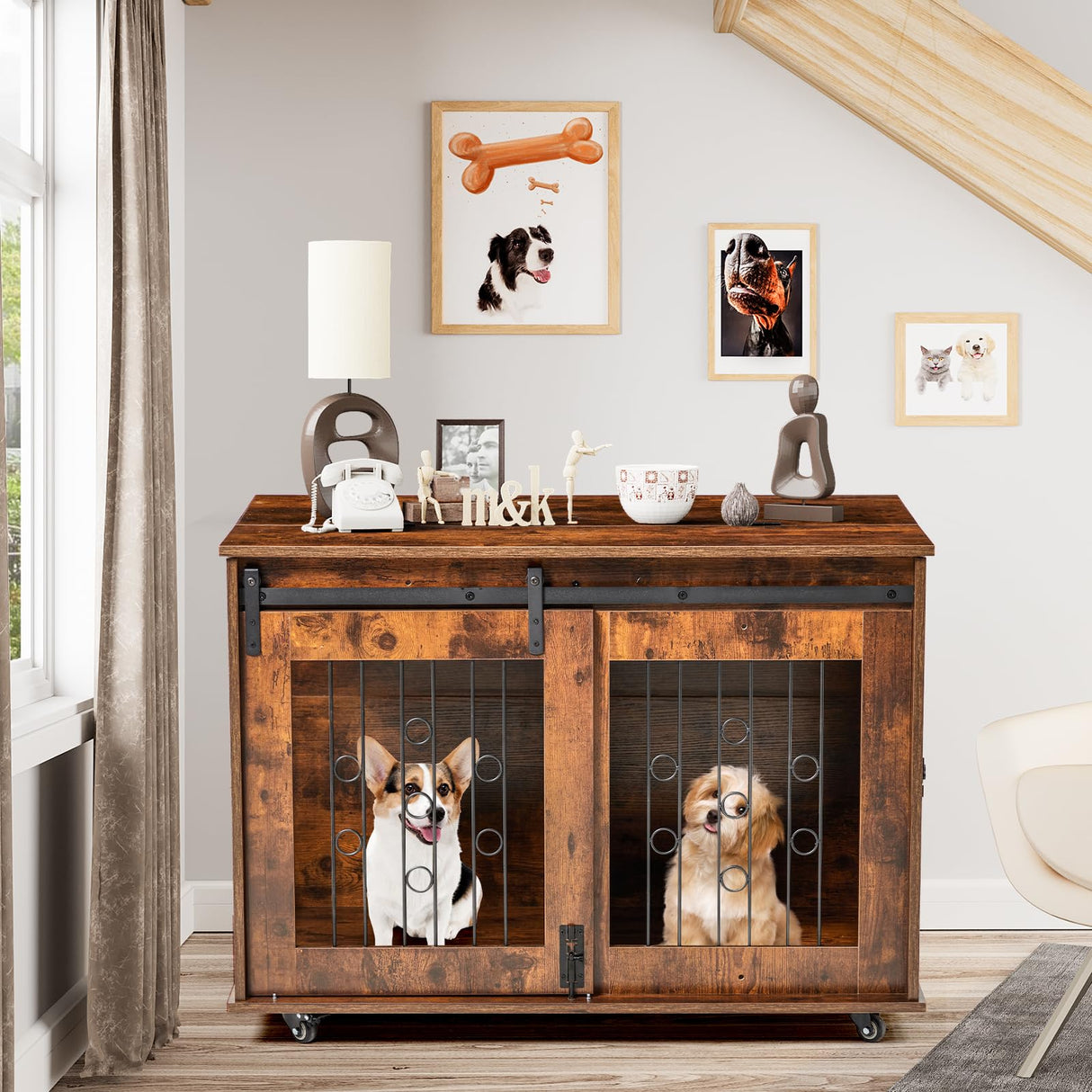 2 Rooms Dog Crate Furniture with Movable Divider,39" Wooden Dog Crate Table,Wooden Dog Kennel Pet House Cage,Flip Top 39.37”Wx25.2”Dx28.94”H GAOMON
