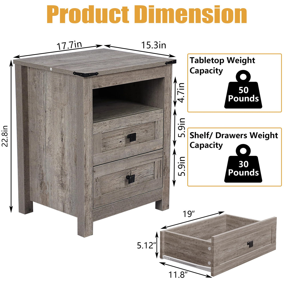 BTDWI Farmhouse Nightstand Set 2, Wood Side Table with Drawers and Storage Shelf, Square End Table for Bedroom, Light Grey Rustic Oak BTDWI