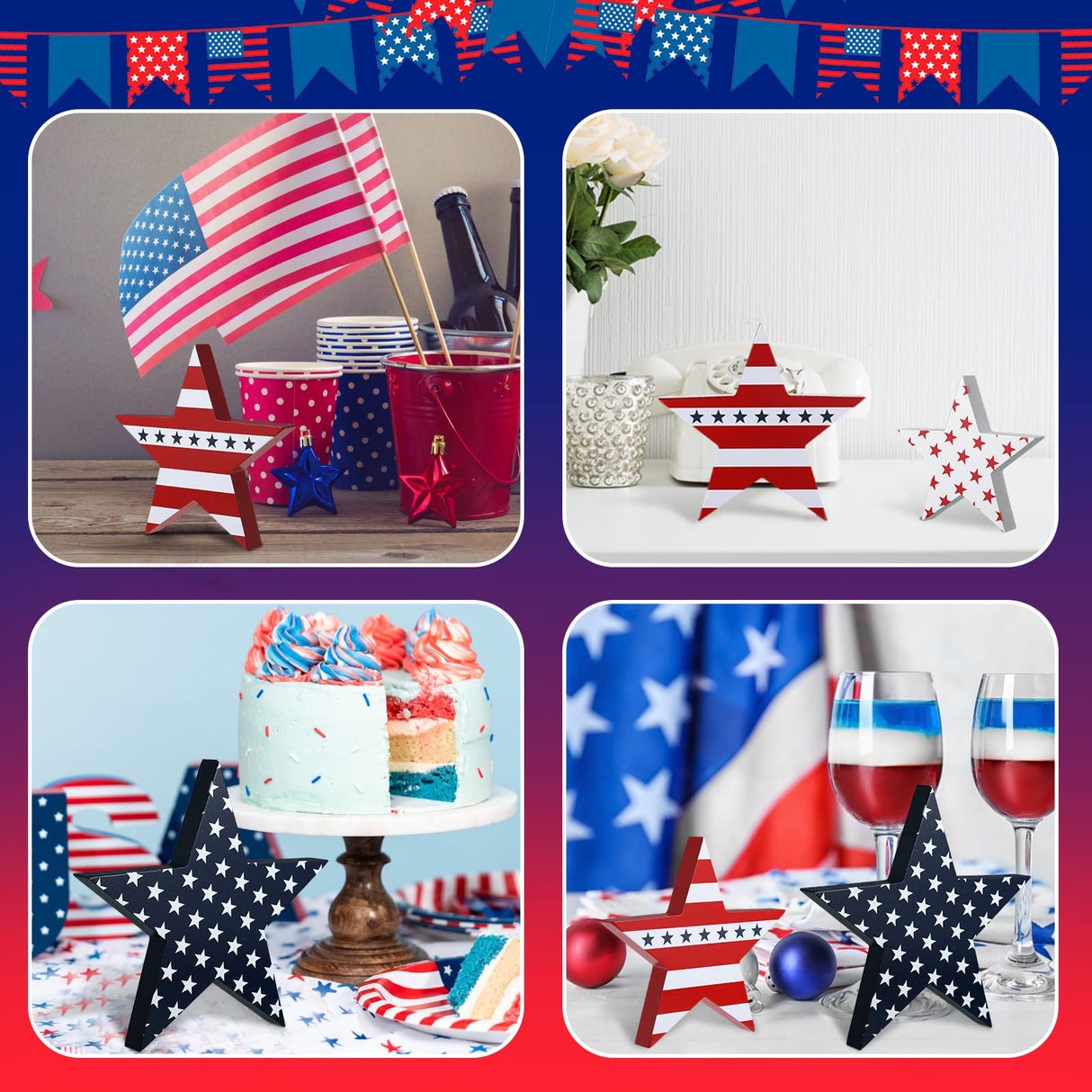 Chunful 3 Pcs Memorial Day Wooden Table Signs Independence Day Table Decor Patriotic Freestanding Double Side Sign Farmhouse Wood Block for 4th of July Home Party Supplies Chunful
