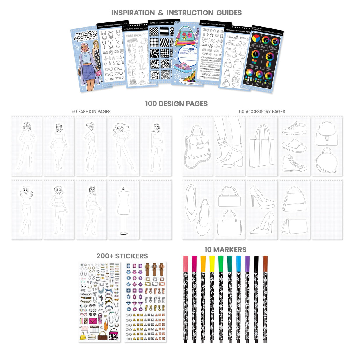 Fashion Angels Fashion & Accessory Design Sketch Set, Includes Sketch Pad with Stickers & Markers, Ultimate Fashion Design Sketch Book for Girls Fashion Angels
