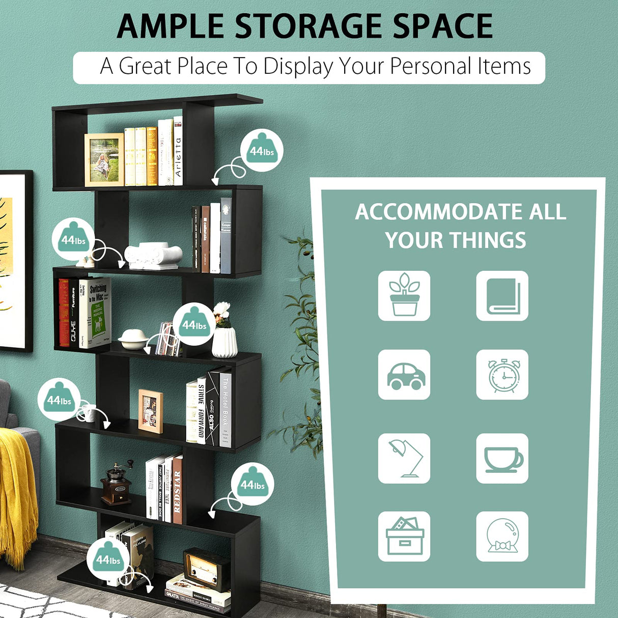 Tangkula 6 Tier S Shaped Bookshelf, 31.5''L x 9''W x 75''H, Wooden Bookcase and Bookshelves w/Anti-Toppling Device, Room Divider Display Shelves for Living Room, Home Decor, 6 Shelf Bookshelf Tangkula