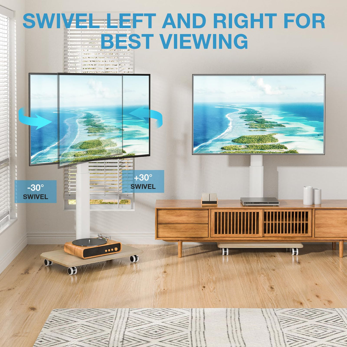 YOMT Floor TV Stand with Mount for 32-70 Inch Flat Screen/Curved TVs, Swivel Rolling Height Adjustable Portable TV Stand on Wheels, Modern Mobile Wood Base White TV Stand for Bedroom Home Office YOMT