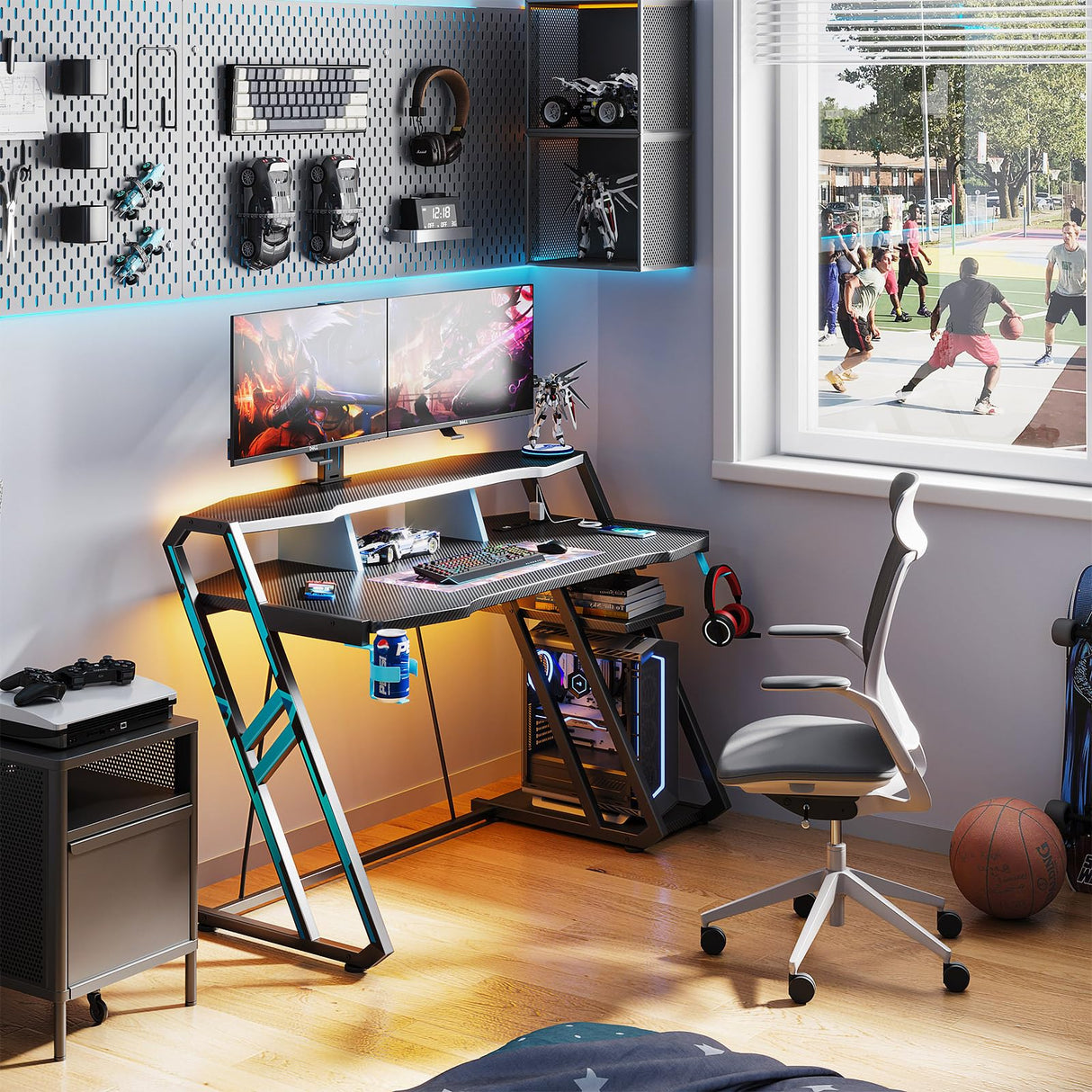 MOTPK Gaming Desk with Power Outlet & LED Lights, Gaming Computer Desk 47inch with PC Storage Shelf, Gaming Table with Carbon Fiber Texture, Gamer Desk, Gift for Boys Men, Black MOTPK