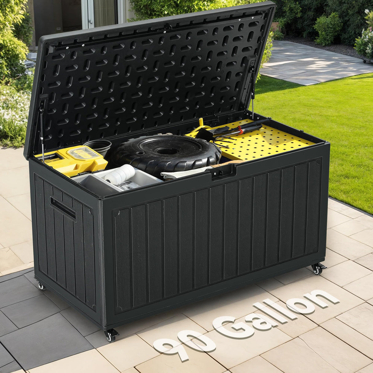 YITAHOME 90 Gallon Outdoor Storage Box with 6 Wheels, Large Double-Wall Resin Deck Box, Lockable Waterproof Outside Storage for Patio Furniture, Cushion, Pool Float, Garden Tool, Black YITAHOME